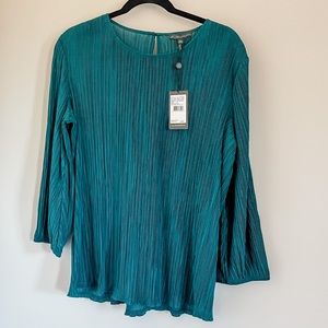 Adrianna Papell Teal Pleated Round-Neck Long Sleeve Top